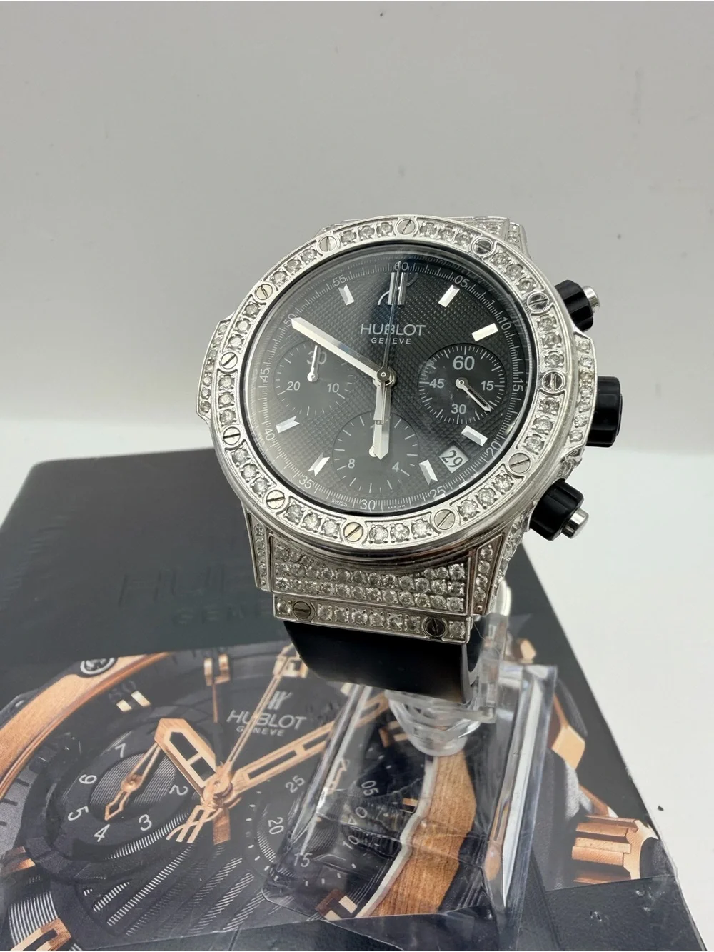 Hublot Men's Black Dial Chronograph Watch Full Iced Out Natural Diamond